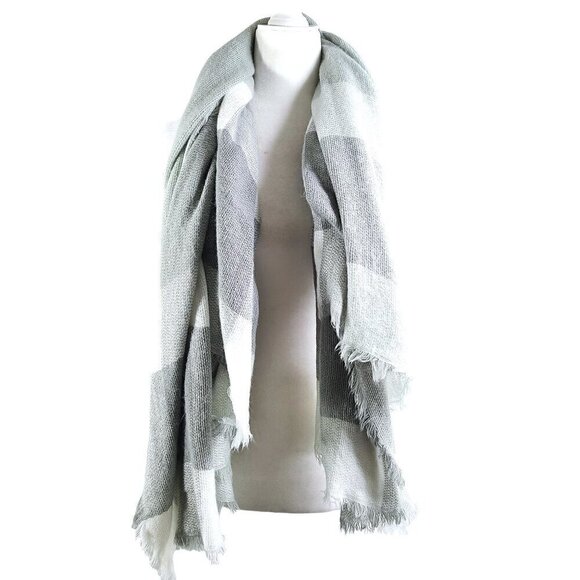 Chunky Gray White Plaid Fringe Colorblock Super Soft Shawl Throw Blanket Scarf - Picture 2 of 4